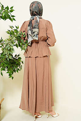 Bel Lastikli Büzgülü Etekli İkili Takım Latte - İkili Takım