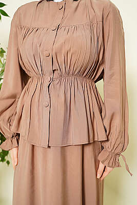 Bel Lastikli Büzgülü Etekli İkili Takım Latte - İkili Takım