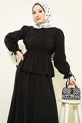 Bel Lastikli Büzgülü Etekli İkili Takım Siyah - BERAT TEKSTİL