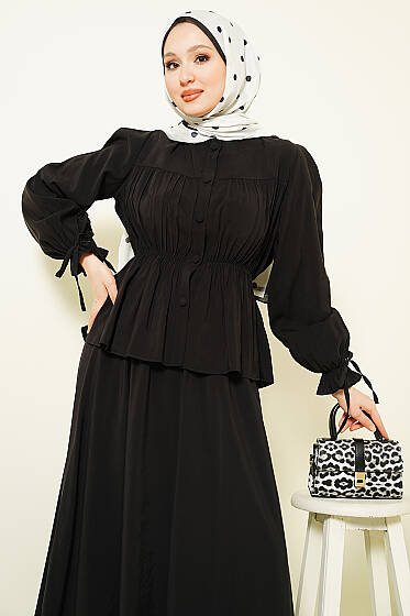 Bel Lastikli Büzgülü Etekli İkili Takım Siyah - İkili Takım