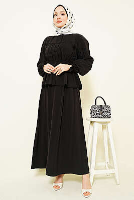 Bel Lastikli Büzgülü Etekli İkili Takım Siyah - İkili Takım