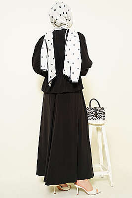 Bel Lastikli Büzgülü Etekli İkili Takım Siyah - İkili Takım