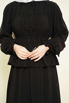 Bel Lastikli Büzgülü Etekli İkili Takım Siyah - İkili Takım