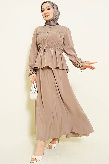 Bel Lastikli Büzgülü Etekli İkili Takım Vizon - İkili Takım