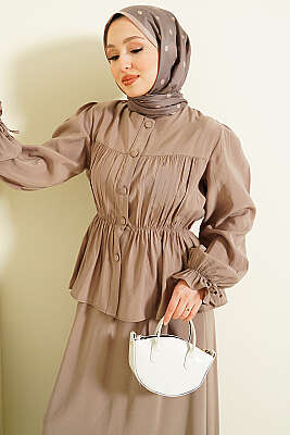 Bel Lastikli Büzgülü Etekli İkili Takım Vizon - İkili Takım