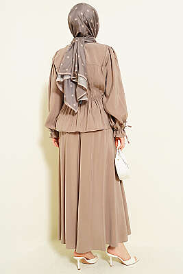 Bel Lastikli Büzgülü Etekli İkili Takım Vizon - İkili Takım