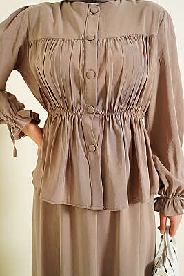 Bel Lastikli Büzgülü Etekli İkili Takım Vizon - İkili Takım