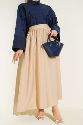Bel Lastikli Büzgülü Kloş Etek Bej - FİXAY