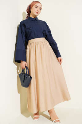 Bel Lastikli Büzgülü Kloş Etek Bej - Etek