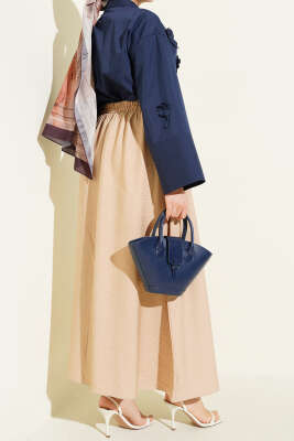 Bel Lastikli Büzgülü Kloş Etek Bej - Etek