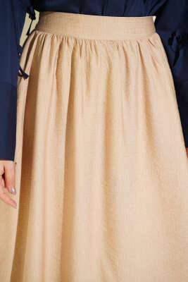 Bel Lastikli Büzgülü Kloş Etek Bej - Etek