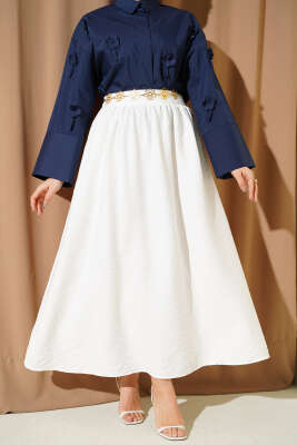 Bel Lastikli Büzgülü Kloş Etek Beyaz - FİXAY