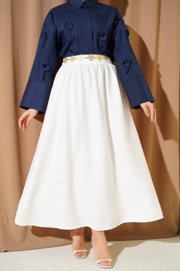 Bel Lastikli Büzgülü Kloş Etek Beyaz - Etek