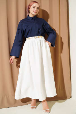 Bel Lastikli Büzgülü Kloş Etek Beyaz - Etek