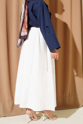 Bel Lastikli Büzgülü Kloş Etek Beyaz - Etek