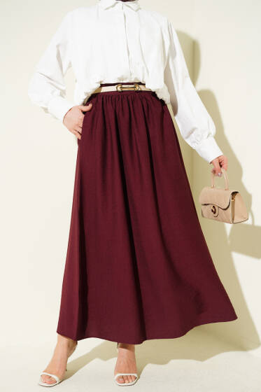Bel Lastikli Büzgülü Kloş Etek Bordo - Etek