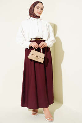 Bel Lastikli Büzgülü Kloş Etek Bordo - Etek