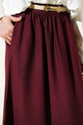 Bel Lastikli Büzgülü Kloş Etek Bordo - Etek