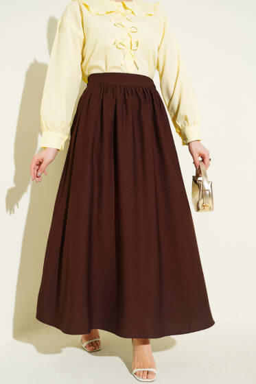 Bel Lastikli Büzgülü Kloş Etek Kahve - Etek