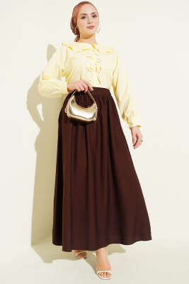 Bel Lastikli Büzgülü Kloş Etek Kahve - Etek