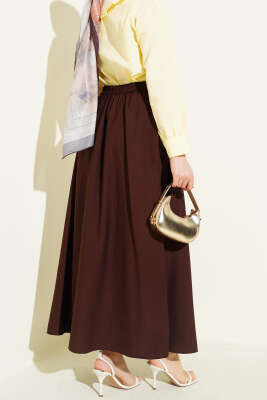 Bel Lastikli Büzgülü Kloş Etek Kahve - Etek