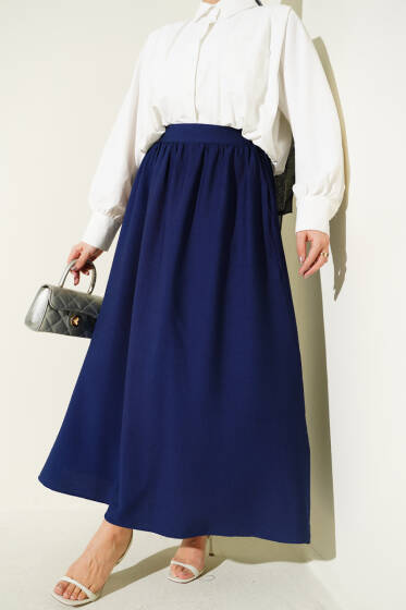 Bel Lastikli Büzgülü Kloş Etek Lacivert - Etek