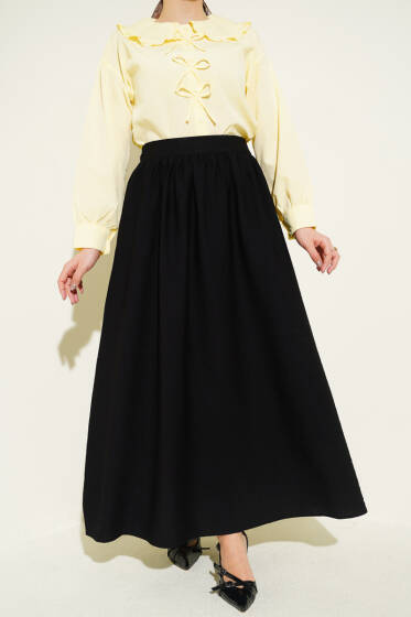 Bel Lastikli Büzgülü Kloş Etek Siyah - Etek