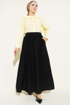 Bel Lastikli Büzgülü Kloş Etek Siyah - Etek