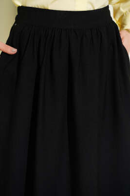 Bel Lastikli Büzgülü Kloş Etek Siyah - Etek