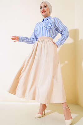 Bel Lastikli Çan Etek Bej - Uzun Etek