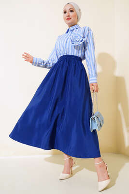 Bel Lastikli Çan Etek Lacivert - Uzun Etek