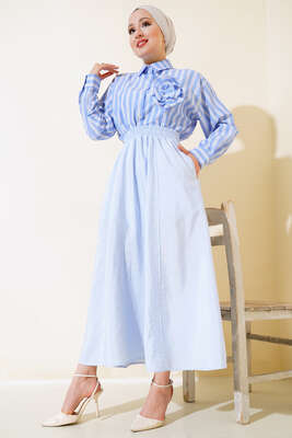 Bel Lastikli Çan Etek Mavi - Uzun Etek