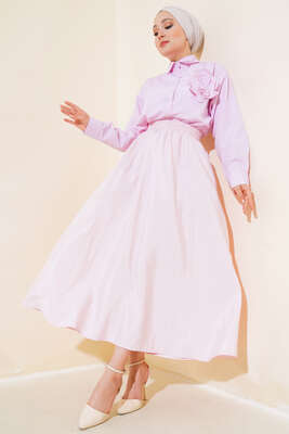 Bel Lastikli Çan Etek Pembe - Uzun Etek