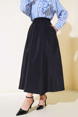Bel Lastikli Çan Etek Siyah - Uzun Etek
