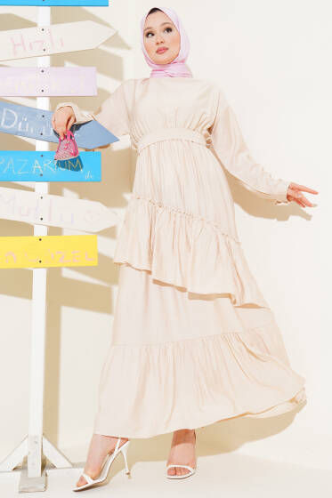 Bel Lastikli Çapraz Katlı Elbise Bej - Elbise