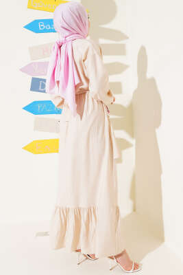 Bel Lastikli Çapraz Katlı Elbise Bej - Tesettür Elbise