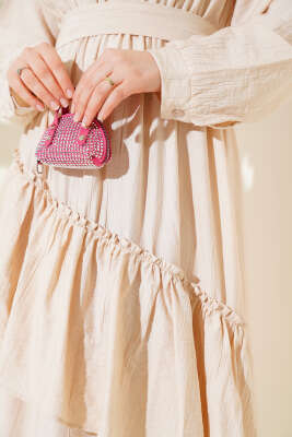 Bel Lastikli Çapraz Katlı Elbise Bej - Tesettür Elbise