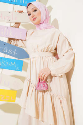 Bel Lastikli Çapraz Katlı Elbise Bej - Tesettür Elbise