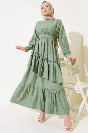 Bel Lastikli Çapraz Katlı Elbise Çağla Yeşili - Elbise