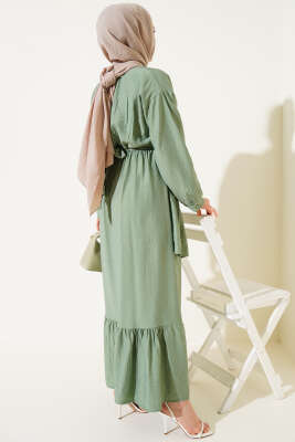 Bel Lastikli Çapraz Katlı Elbise Çağla Yeşili - Tesettür Elbise