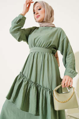 Bel Lastikli Çapraz Katlı Elbise Çağla Yeşili - Tesettür Elbise