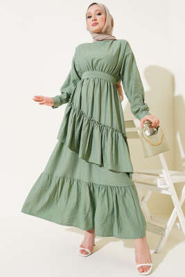 Bel Lastikli Çapraz Katlı Elbise Çağla Yeşili 