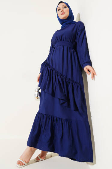 Bel Lastikli Çapraz Katlı Elbise Lacivert - Elbise