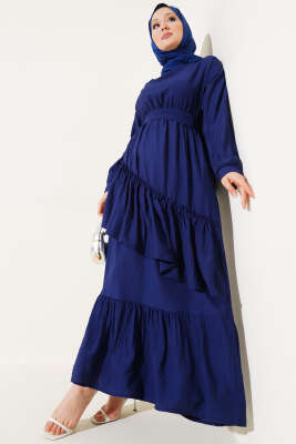 Bel Lastikli Çapraz Katlı Elbise Lacivert 