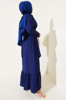 Bel Lastikli Çapraz Katlı Elbise Lacivert - Tesettür Elbise