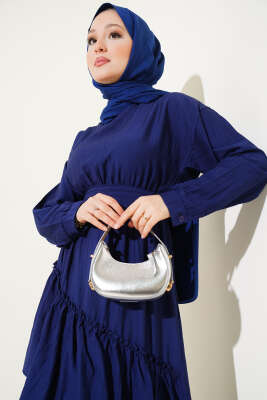 Bel Lastikli Çapraz Katlı Elbise Lacivert - Tesettür Elbise