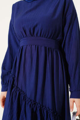 Bel Lastikli Çapraz Katlı Elbise Lacivert - Tesettür Elbise