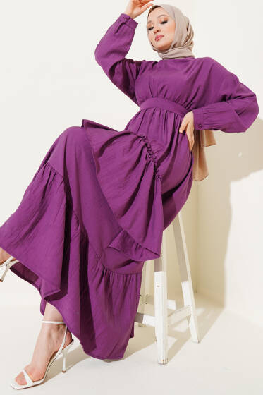 Bel Lastikli Çapraz Katlı Elbise Magenta - Elbise