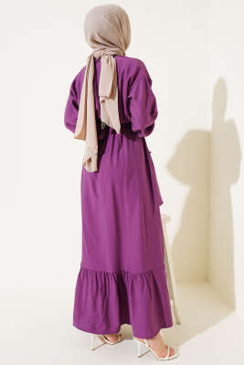 Bel Lastikli Çapraz Katlı Elbise Magenta - Tesettür Elbise