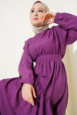 Bel Lastikli Çapraz Katlı Elbise Magenta - Tesettür Elbise